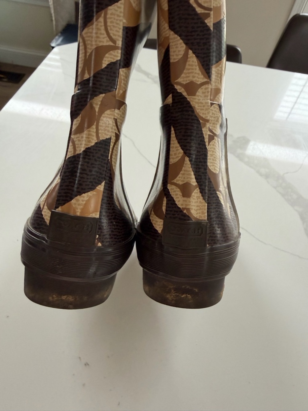 Coach Boots Womens Sz 8 PAMMIE ZEBRA SIGNATURE Rain Rubber KHAKI - Picture 3 of 6